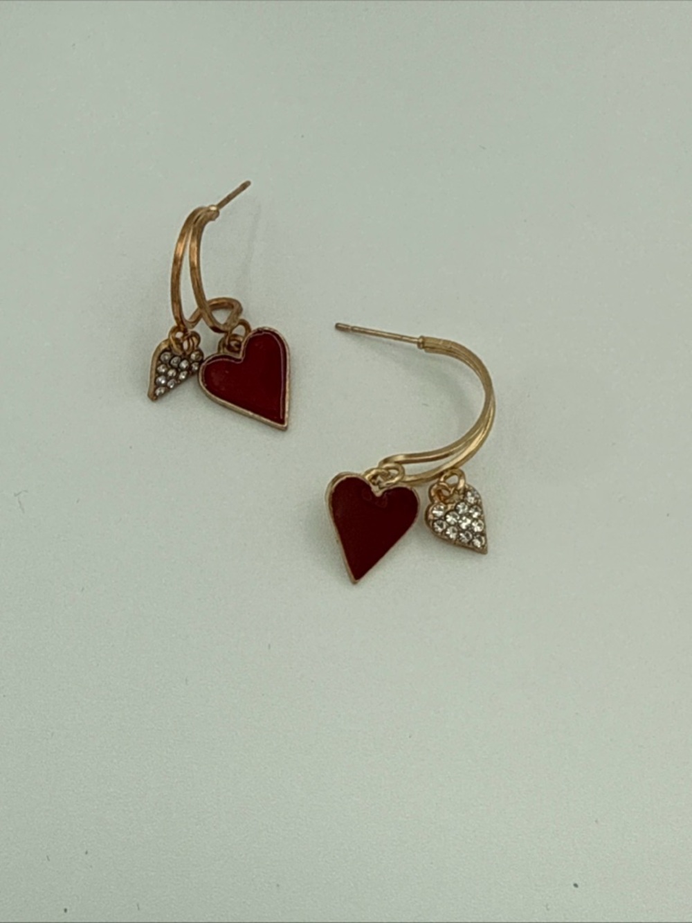 Gold Hook Earrings with Red Heart and Crystal Accent